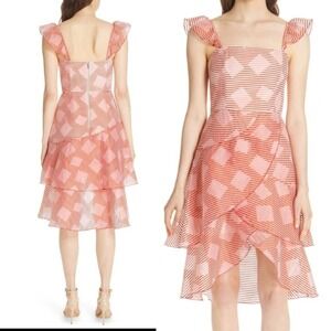 Alice +‎ Olivia Red Pink Azura / Angelita Waterfall Ruffle Midi Dress Size 2